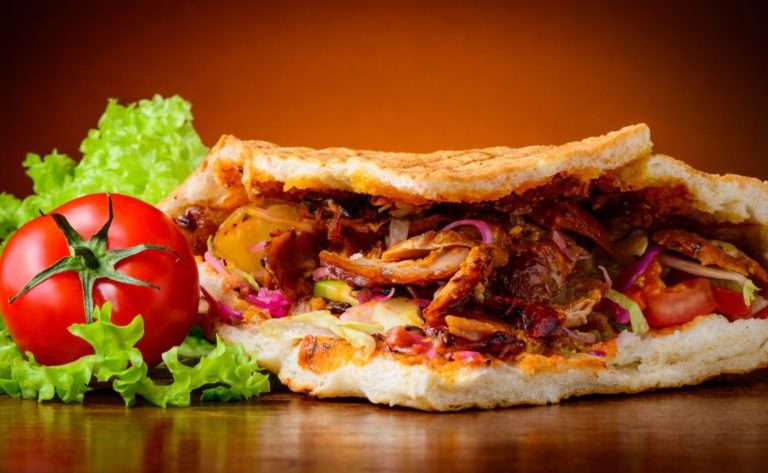 still life with homemade kebab and fresh vegetables